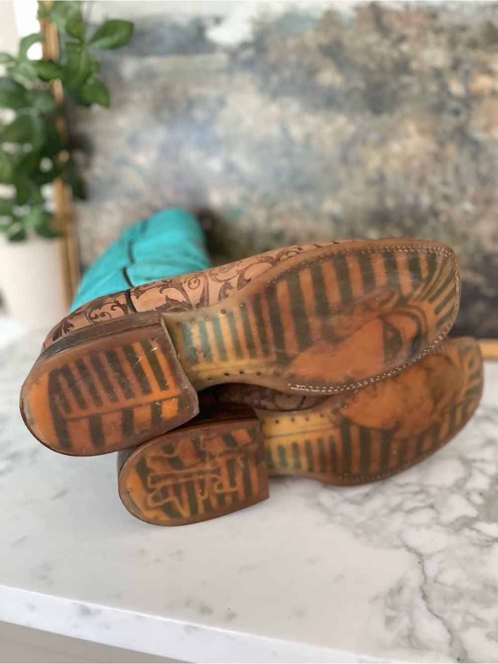 Tin Haul Womens Western Boots Turquoise Brown Floral Tooled Leather Size 10 - Picture 4 of 12